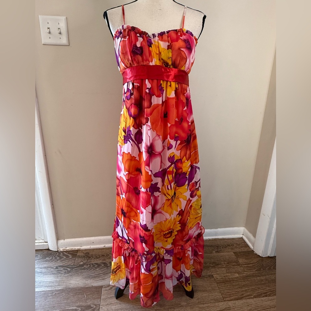 Alyn Paige New York floral maxi dress ruffled sweetheart neck SZ 7/8 FLAW:run